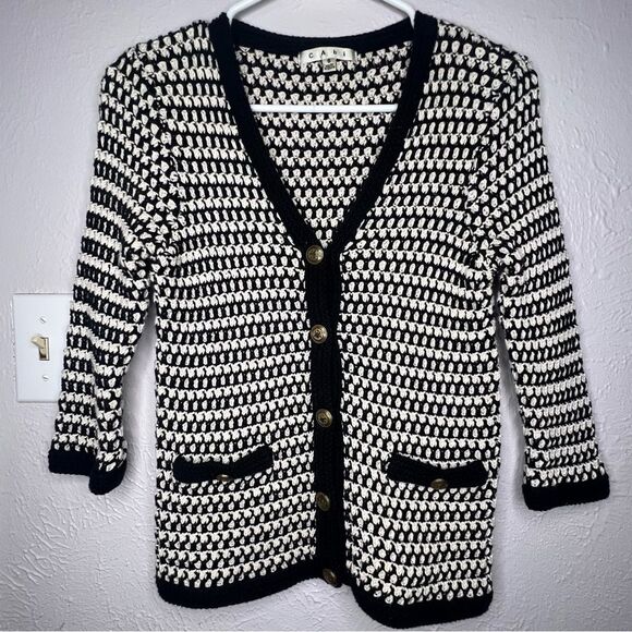 CAbi Coco Waffle Knit White/Black Striped Button Up Women’s Cardigan Size S - Picture 2 of 10